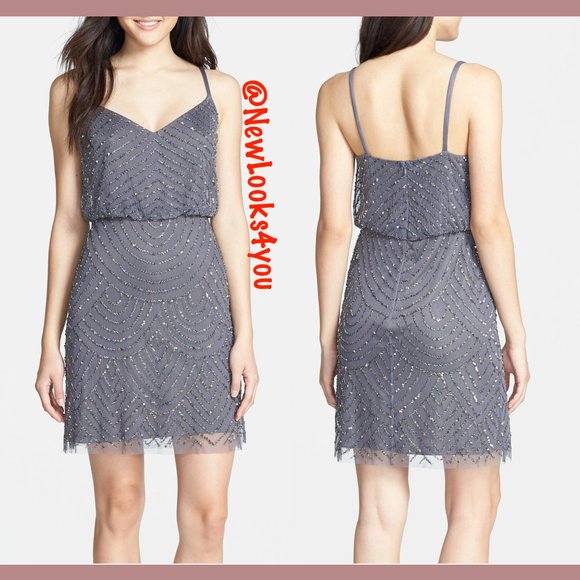 NEW Adrianna Papell Sequin Blouson Dress Gunmetal - Picture 2 of 11